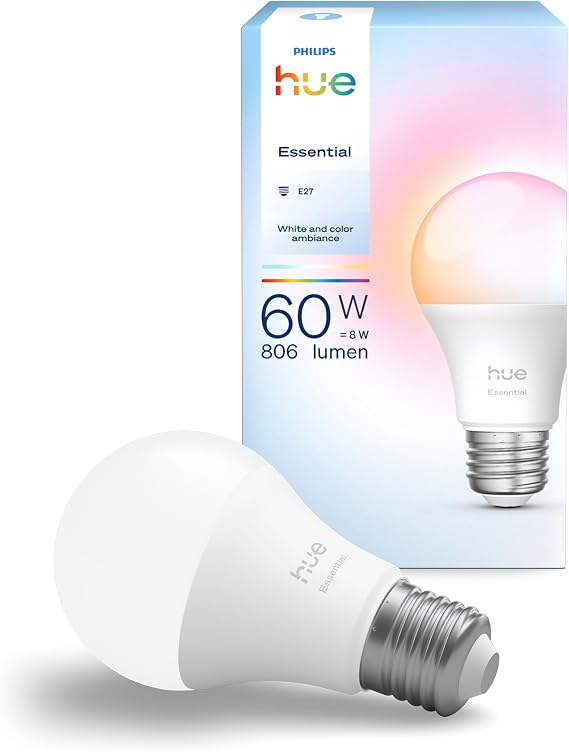 Philips Hue Essential 8W E27 806 Lumen Renkli Akıllı Ampul A60-25.000 Saat Ampul Kullanım Ömrü [Enerji Sınıfı F]