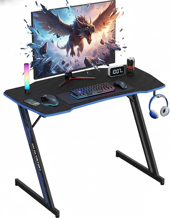 39 Inch Gaming Desk Z Shaped Computer Desk Large PC Gaming Table PVC Surface with Headphone Hook & Adjustable Feet for Teen