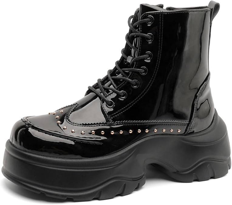 Men'S Platform Motorcycle Boots Black Patent Leather Chunky Sole Ankle Boots With Studs & Back Zipper Goth Punk Biker Style Shoes