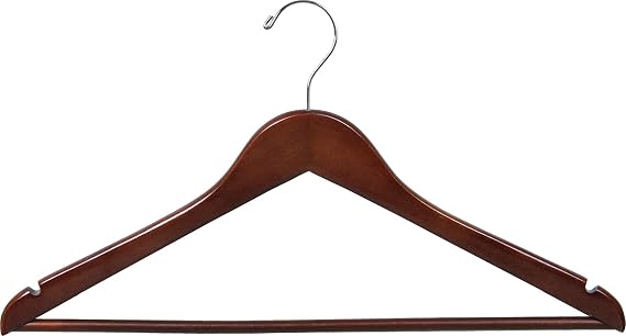 Wood Suit Hanger w/Solid Wood Bar, Box of 50 Space Saving 17 Inch Flat Wooden Hangers w/Walnut Finish & Chrome Swivel Hook & Notches for Shirt Dress or Pants