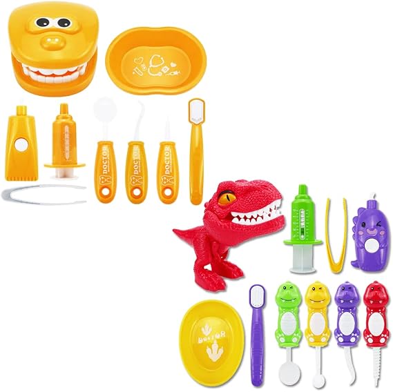Bundle 19PCS = 9PCS Plastic Simulation Dentist Play Set (Orange) + 10PCS Plastic Dinosaur Simulation Dentist Play Set (Mixed Colors)