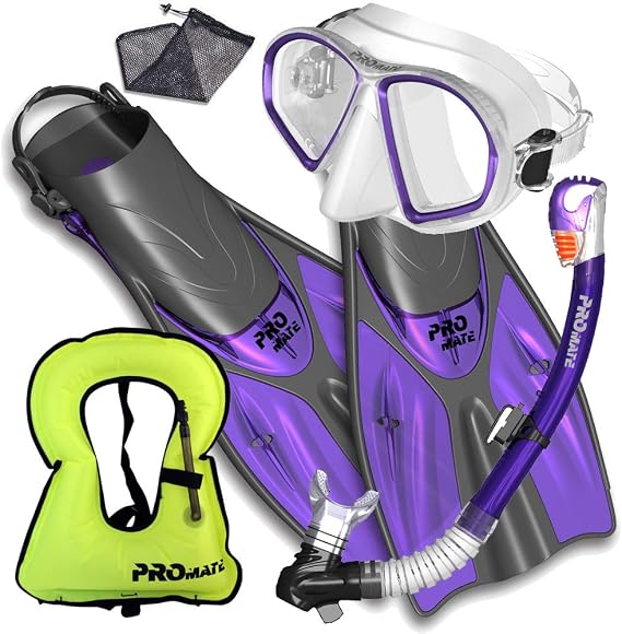 Promate Snorkel Set Snorkeling fins mask and Dry Snorkel Gear Bag Set for Adult Youth Snorkeling Set