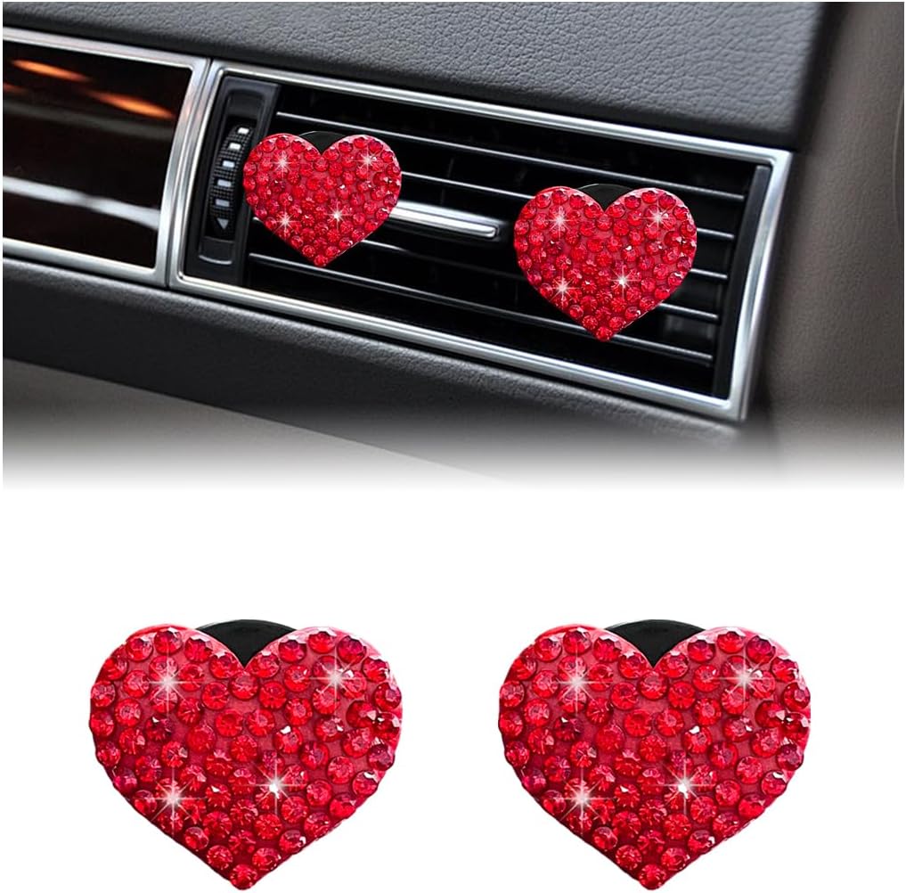 2 PCS Bling Car Air Vent Clip, Cute Heart Shaped Crystal Air Conditioning Outlet Clip, Air Fresheners Diffuser Clip Charm, Interior Decor Car Accessories For Women Girl Red