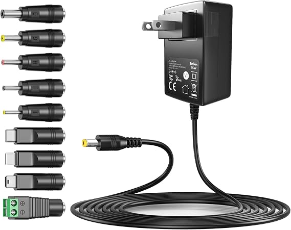 Belker 5V 3A USB C AC DC Adapter 15W Power Supply with 9 Tips | 5V Wall Charger Power Cord for Household Electronics TV Box Router Mini Fan LED Strip Speaker