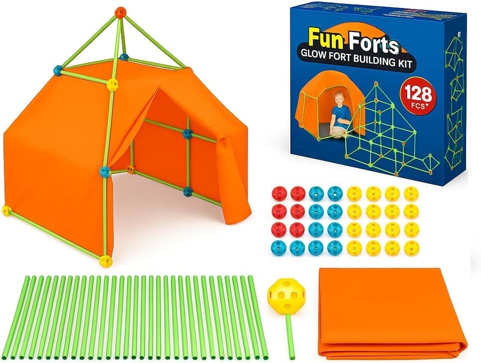 Fun Fort 129 Pcs Building Kit for Kids Glow in The Dark DIY Construction Den Tent House Making STEM Toys Indoor Outdoor with 80 Rods, 48 Spheres Balls & 1 Cloth Sheet for Boys and Girls