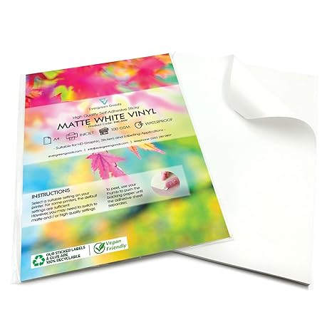 Evergreen Goods 20 Sheets A4 Printable Sticker Paper Vinyl | Matte White Self-Adhesive for Inkjet &amp; Laser Printers | 80gsm - HD Graphics DIY Stickers | Waterproof Labels for Crafts &amp; Office Etc