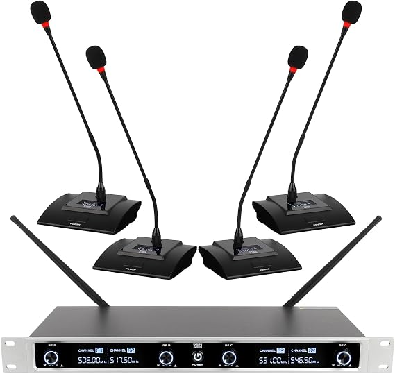 XTUGA 4 Channel Wireless Conference Microphone System,Gooseneck Mics(CM240) | 4x50 UHF Frequencies,Auto Scan,164FT Stable Range,Quad Channel Wireless Podium Microphone for Lecture/Church/Public Speaking