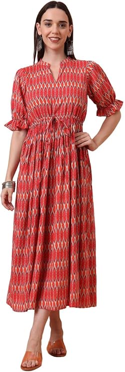 Tissu Women's Rayon Green Printed Fit & Flared Waist Tie-up Dress