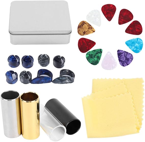 Guitar Accessories Kit, Complete Set with 10 Picks 4 Sliders 8 Finger Cots in Iron Box Gift Packaging, Beginner Guitar Kit for Musicians Beginners Practice Sessions and Gift Giving