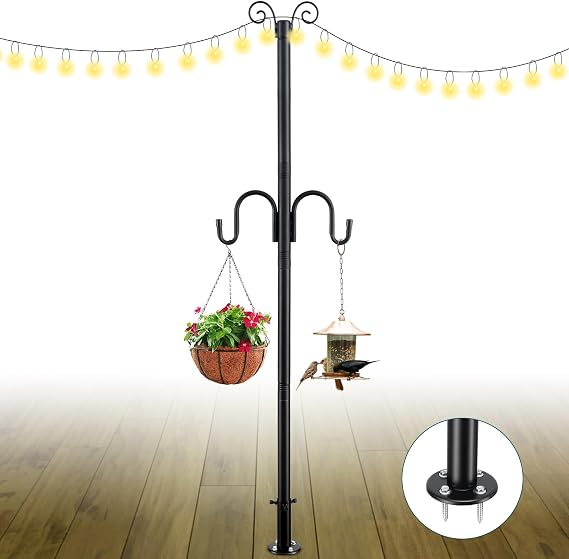 String Light Poles, 10FT Patio Light Poles for String Lights Metal Post Pole with Hooks to Hang Outdoor String Lights, Plant Baskets, Bird Feeder