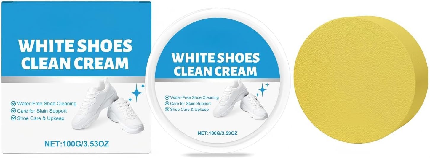 White Shoe Cleaner Cream, Multipurpose No-Wash Solid Cleaning Paste with Sponge Removes Stains & Dirt, 2Pcs Multipurpose White Shoes Clean Cream for Leather Sneakers Soles