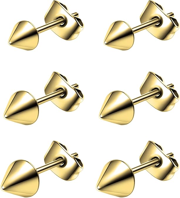 Stainless Steel Spike Cone Stud Earrings Set 3 Pairs Earring Hypoallergenic Jewelry Nickel Free Jewellery Tiny Earing for Sensitive Ears Women Men Ladies Aretes De Mujer Hombre Size 3-5 MM