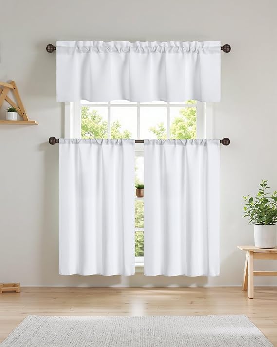 Easy Home 3 Piece Solid Color Blackout Window Curtain Set with Tiers and Valance Rod Pocket Thermal Privacy Curtain Tiers for Kitchen, Living Room, Bathroom Shades, W27 x L36 Inch, (White)