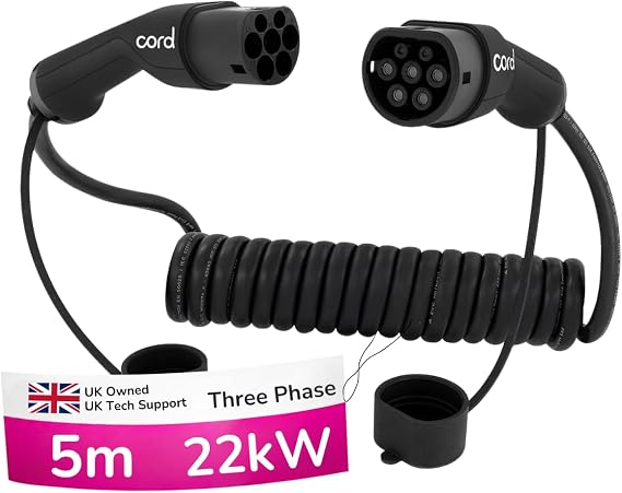 Cord Type 2 to Type 2 EV Coiled Charging Cable, 32amp, 22kW, 5 Metre (3.5m Usable), Three Phase