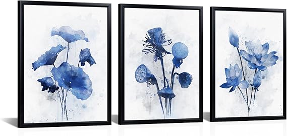 Derkymo Blue Lotus Watercolor Wall Art: Framed 3-Piece Set with Black Frames for Home & Office Decor Ready to Hang 12"x16"x3pcs