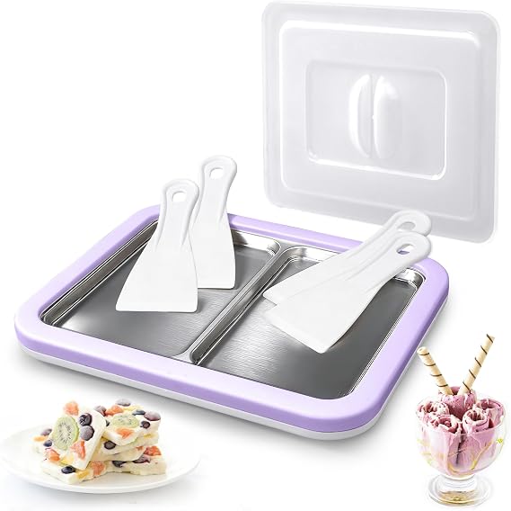 Rolled Ice Cream Maker, Dual Trays Instant Ice Cream Maker, Food-Grade Homemade Frozen Yogurt Maker for Kids & Family, DIY Ice Roll Machine with 4 Spatulas, Dustproof Design (Lavender)