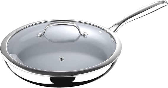 MasterPro - Frying Pan 30cm - Argent 3 Induction Stainless Steel Pan with Glass Lid, Professional Quality, Tri-Ply Multilayer for Improved Heat Retention & Distribution - Ovenproof - Black