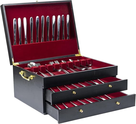 WodGod Silverware Storage Box,3 Layers Wooden Silverware Chest Case with Drawer,15.35" x 11.41" Flatware and Utensil Organizer for Kitchen(Flatware Not Included) (Black)