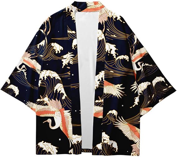 AMOMA Men Japanese Kimono Lightweight Loose Breathable Casual Cardigan Coat Top Yukata Jacket(4XL,CraneDarkblue)