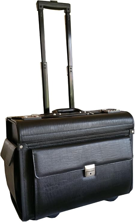 Large Wheeled Laptop Pilot Case in Grained Faux Leather Rolling Briefcase Business Bag on Wheels