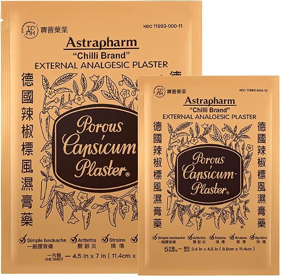 Chilli Brand External Plaster Porous Capsicum Plaster HOT Patch, 3.4" x 4.5" (2 Packs x 5 Sheets) + 7" x 4.5" (2 Sheets)
