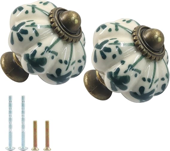 Ivory Pumpkin Knobs, 2pcs Vintage Ceramic Cabinet Knobs | Green Flower Pattern, Drawer Pulls, Includes Screws