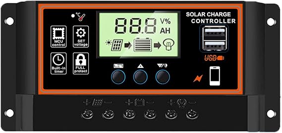 60A Solar Charge Controller, 12V/24V, LCD Display, Adjustable Parameter, Timer Setting, USB, Auto Charge Regulator (Black)