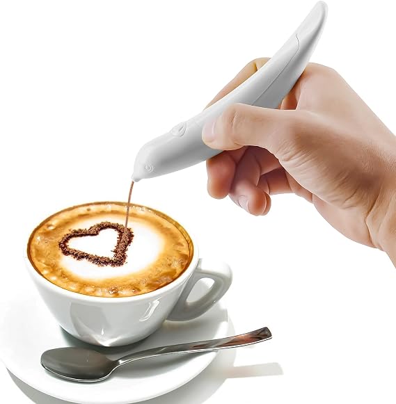 Latte Art Pen Spice Pen, Electric Coffee Pen for Latte & Food DIY, Works with Cinnamon/Salt/White sugar/Fine Coffee Grinds, Professional Baking Pastry Tools,White (2pc)