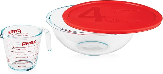 Pyrex Smart Essentials 3-Piece Glass Prep Set, Mixing Bowl & Measuring Cup