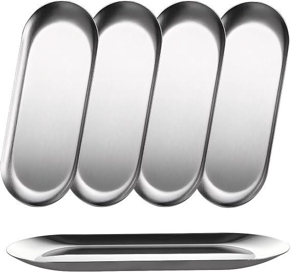 AKOLAFE 5PCS Stainless Steel Serving Tray Set Silver Platters for Serving Food Party Large Metal Trays Decorative 12" Long Plate Oval Storage Tray Thickened Serving Dishes for Entertaining Sushi Snack