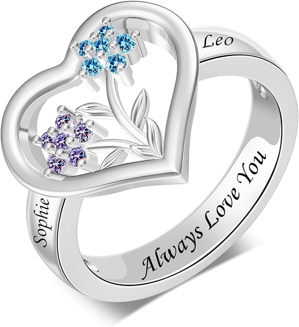 Custom Mothers Ring Personalized Heart Birthstones Ring for Women