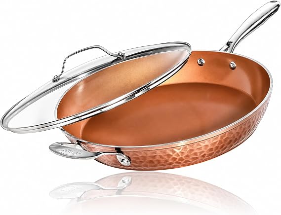 Gotham Steel Hammered Copper 14 Inch Non Stick Frying Pan with Lid, Nonstick Frying Pan with Ceramic Coating and Induction Plate for Even Heating, Oven / Dishwasher Safe, 100% Healthy & Non Toxic