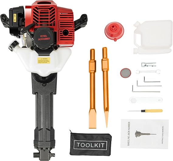 Demolition Jack Hammer, 52cc 2-Stroke Gas Powered Concrete Breaker with Point/Flat Chisel, 55J 1900W Chipping Drill Cement Breaker for Ground Slotting Rock Breaking Wall Drilling Concrete Demolition