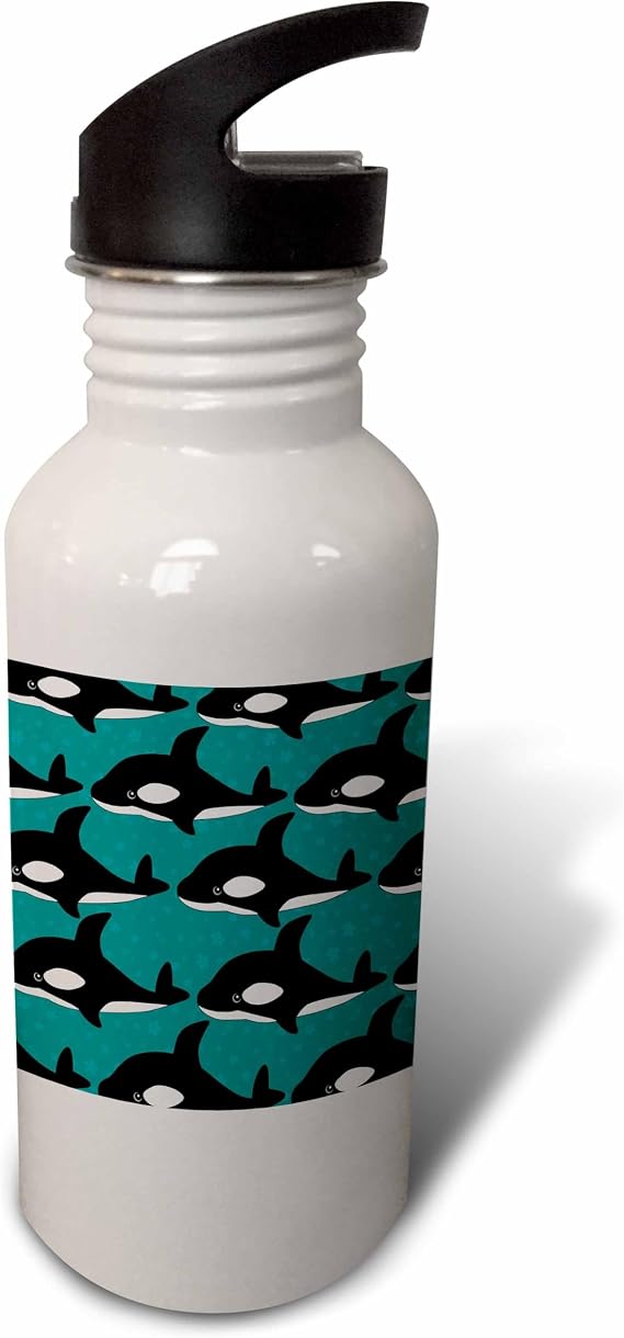 3dRose "Cute Orca Whales on the Waves Print" Sports Water Bottle, 21 oz, White