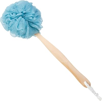 Loofah Back Scrubber for Shower,Wooden Handle Bath Sponge Lufa Shower Brush, Soft Nylon Mesh Back Cleaner Washer, Body Brush for Women&Kids Bathroom Shower Accessories Blue