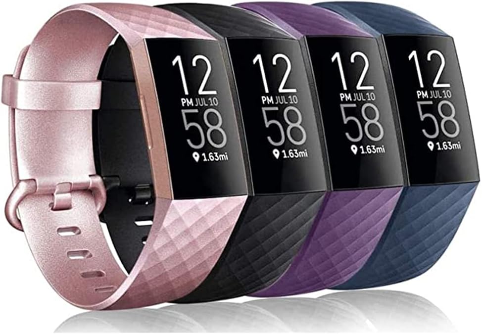 Soft TPU Silicone Replacement Sport Band Fitness Strap Compatible for Fitbit Charge 3 /Charge 4 Women Men Small (4 Pack,Small,Black+Purple+Blue+Rose gold)