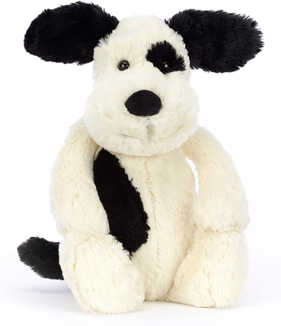 Jellycat Bashful Puppy M Plush Toy, Dog, Sitting Height 7.9 inches 20 cm, Black & Cream