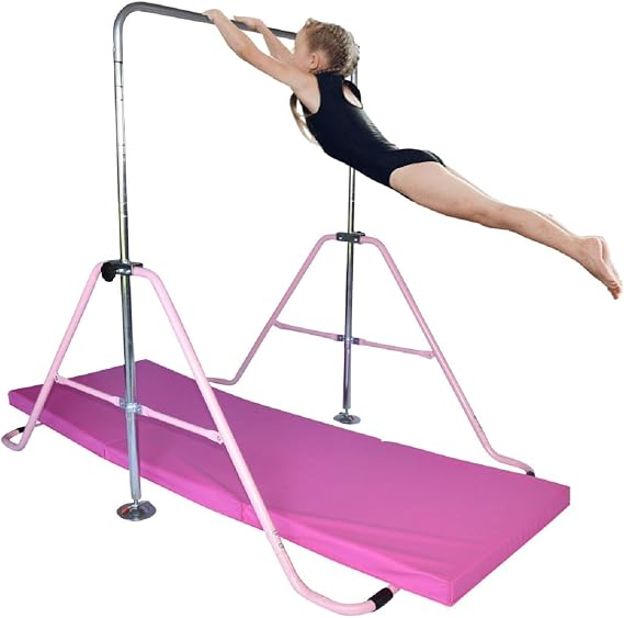 Monkey Bar Gymnastics Athletic Expandable Kip Balance Bars Junior Training Play Gym Pink w 2Ft x 6Ft Gymnastic Mat