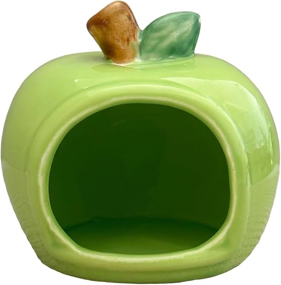 Ceramic Hamster House Habitat Apple Shaped Hamster Habitat Hideout Hideaway House Food Bowl Cute Hamster Cave Summer Cool Small Animal Hideout Habitat Decor, Green