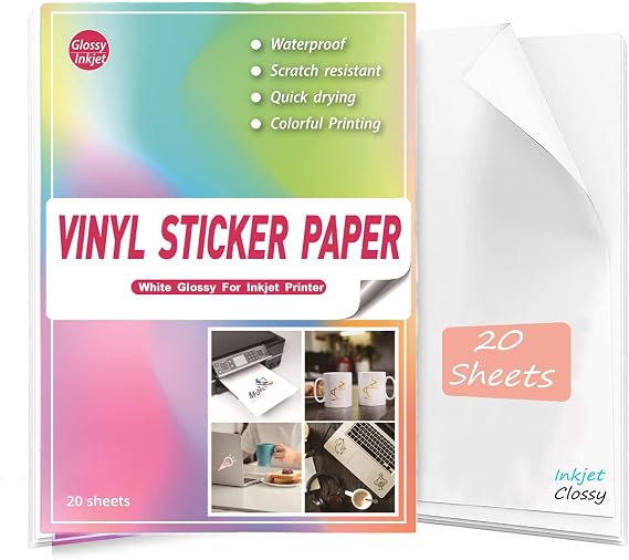 Waterproof Printable Vinyl Stickers Paper for Inkjet Printer- 20 Glossy Sticker Paper White Decal Cricut Sheets A4 - Holds Ink Beautifully & Dries Quickly