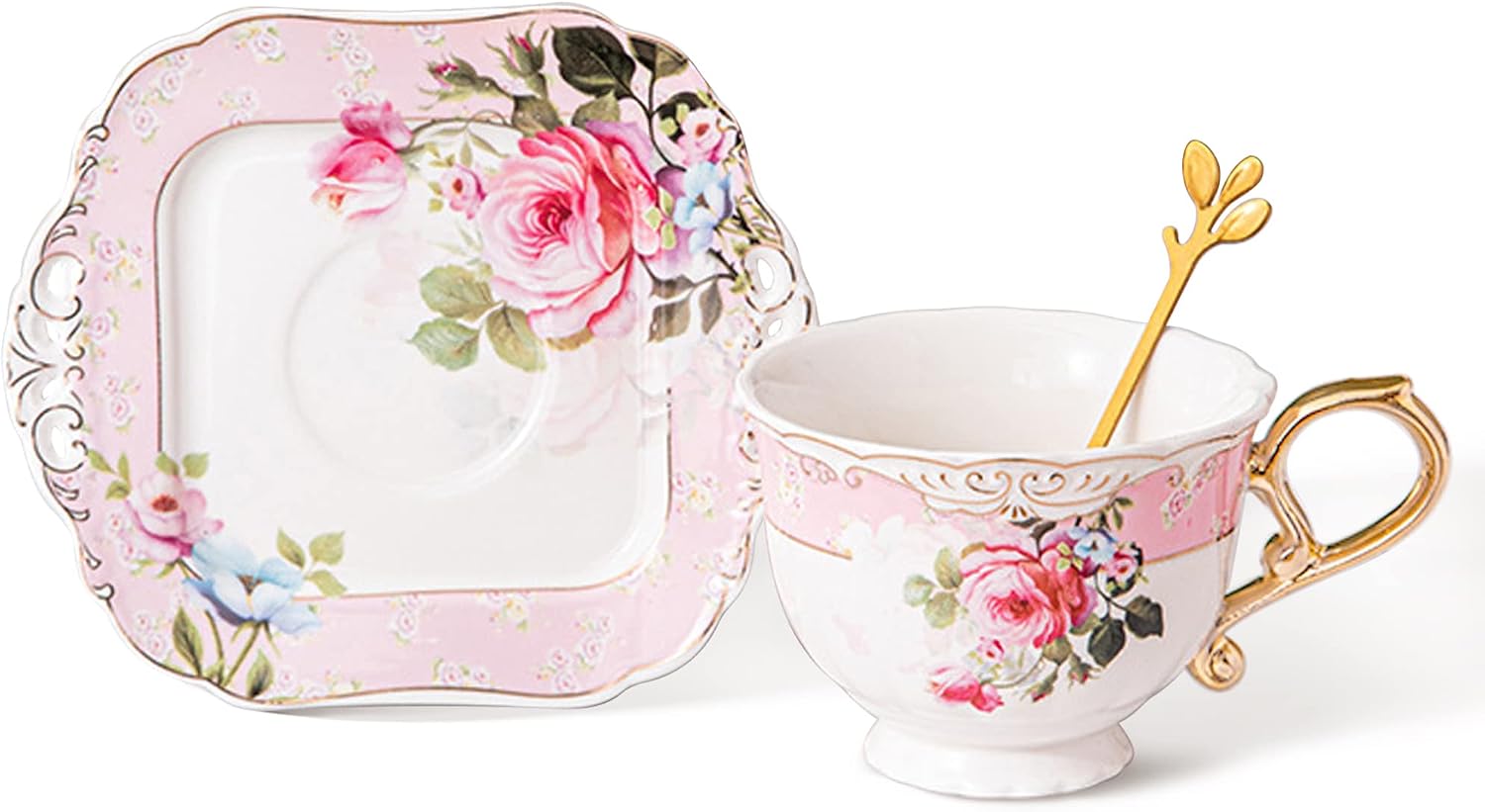 fanquare Pink Flower Tea Cup and Saucer Set, Ceramic Coffee Cup with Gold Handle, 7oz Gift Coffee Cup with Saucer, Spoon