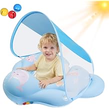 Baby Swimming Float with Removable Sun Canopy and Bell, Toddler Pool Swimming Ring for 6-36 Months, Tail Wing with Dual Air Bags Baby Float Swim Seat and Fun Pool Float for Tod