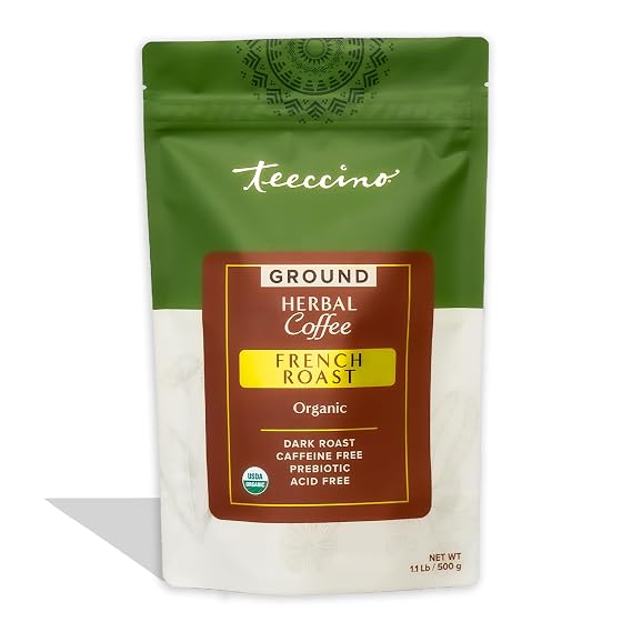 Teeccino French Roast Chicory Coffee Alternative - Ground Herbal Coffee Thats Prebiotic, Caffeine-Free & Acid Free, Dark Roast, 1.1 Pound