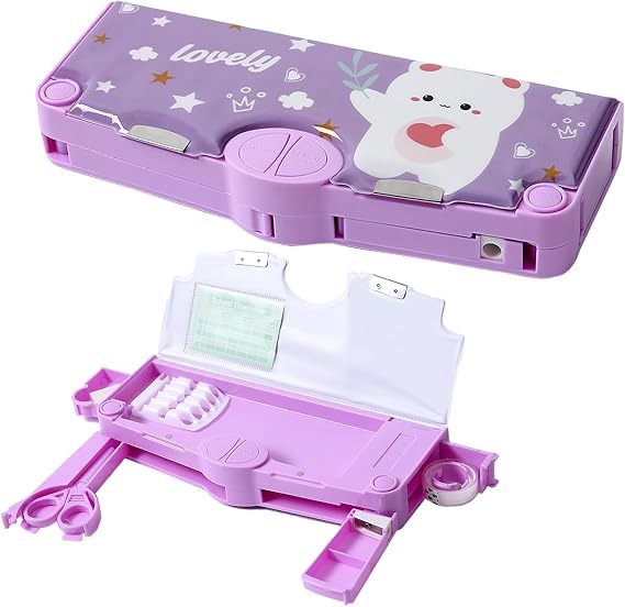 Multifunction Pencil Case for Girls & Boys,Pop Up Pencil Organizer with Compartment,Scissors, Cute Cartoon School Supplies Gift Idea for Kids Teens - Purple