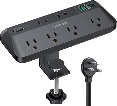 TROND 20W USB C Desk Clamp Power Strip - 1700J Surge Protector with 6 Outlets, Desktop Edge Mount Extension Cord, Fit 1.97" Tabletop, 6FT Flat Plug for Teacher Must Haves, Office, ETL List, Black