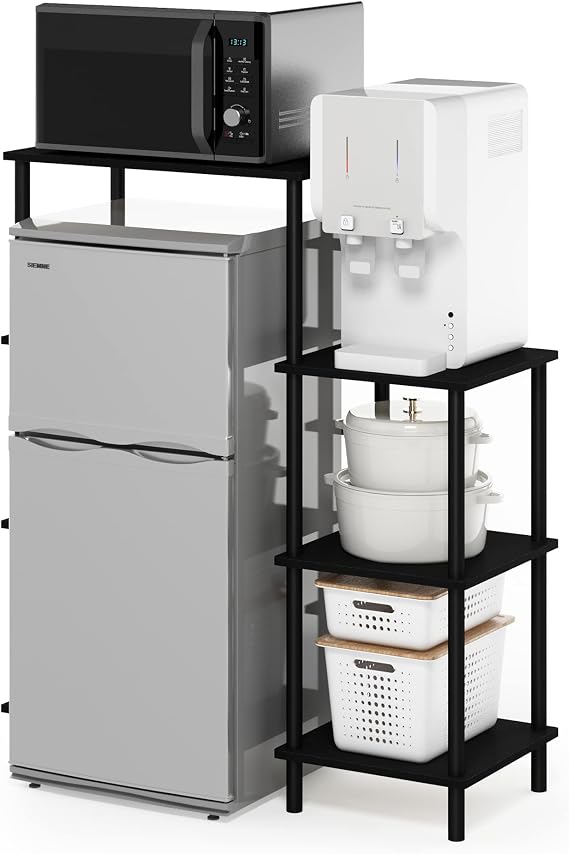 Furinno TURN-N-TUBE Coffee Bar, 4-Tier Bakers Rack with Mini Fridge Stand Shelf, Kitchen Shelves, for Pantry Organizers and Storage, Kitchen Organization, Americano