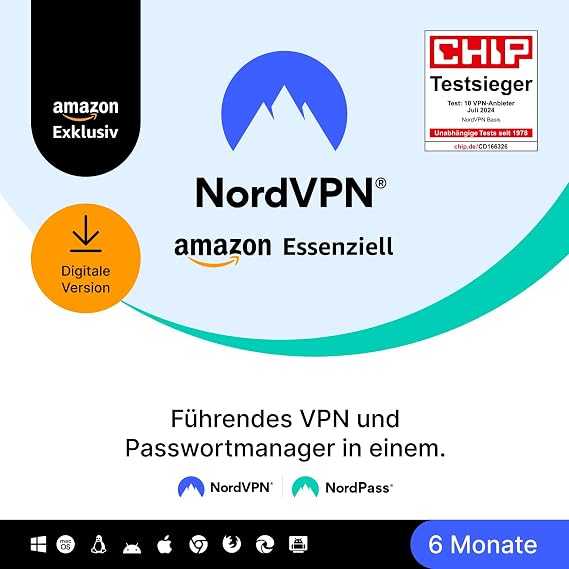 NordVPN Amazon Essenziell 10 Geräte 6 Monate VPN & Passwort-Manager Digital-Code