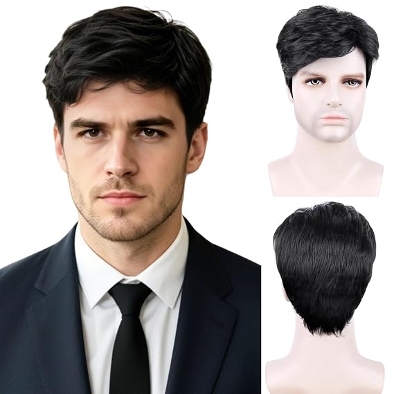 BECUS Mens Wig Short Black Realistic Hair Halloween Costume Style