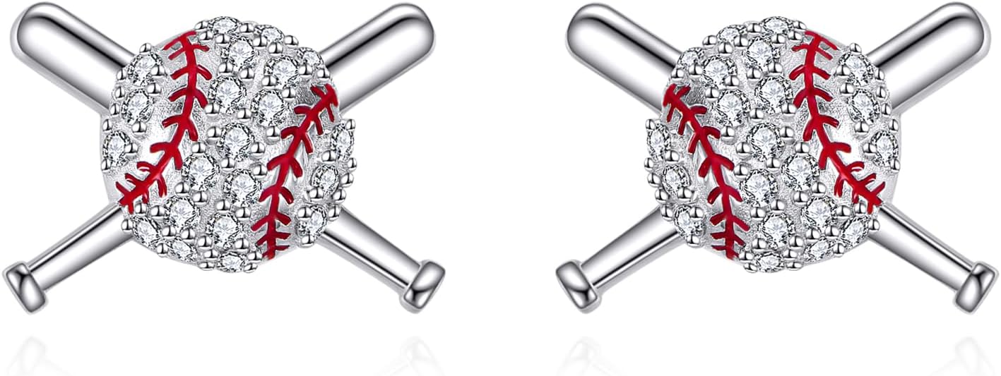 Sport Baseball Earrings Stud 925 Sterling Silver Cubic Zirconia Baseball Stud Earrings Baseball Jewelry Birthday Gift for Women Sport Lovers
