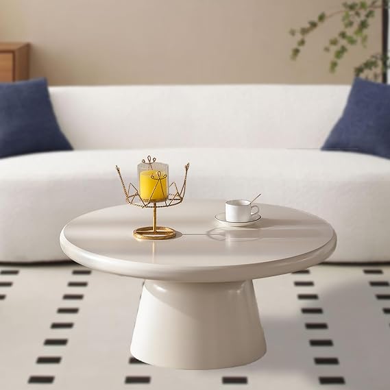 Round Coffee Table Wood, Round Coffee Tables Modern, Center Table Cream White Tea Tables for Living Room, Balcony,Bedroom,Office,Round